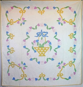 Vintage Summer Applique Quilt, 1950's Floral Basket Of Flowers, 84" X 81-1/2"  - Picture 1 of 12