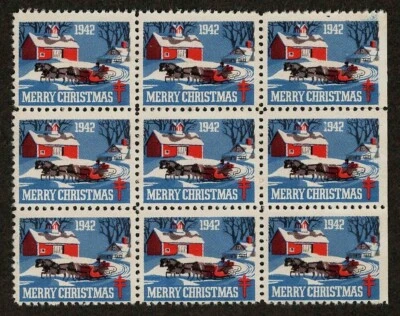 1942 WX109 Winter Sleigh Ride Block of 9 US Christmas Seals/Stamps Mint NG MNG - Image 1 of 4