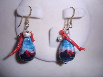 orecchini in argento 925 corallo perle e ceramica di caltagirone decorata  - Immagine 1 di 4