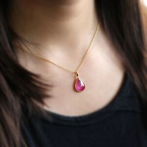 Natural Teardrop Ruby Pendant Pear Solid 14k Yellow Gold Pendant July Birthstone