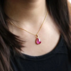 Natural Lágrima Rubí Colgante Pera Sólido 14k Oro Amarillo Julio Nacimiento - Imagen 1 de 3