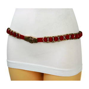 Women Red Stretch Narrow Strap  High Waist Hip Belt Gold Metal Chain Links S M