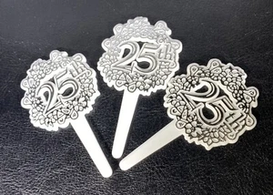 12 NEW PARTY CAKE TOPPER WEDDING CUPCAKE PICKS 25TH ANNIVERSARY SILVER Dozen - Picture 1 of 3