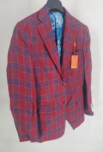 Tallia Blazer Mens 38R Brick Blue Plaid 100% Linen Sport Coat Jacket Modern - Picture 1 of 10