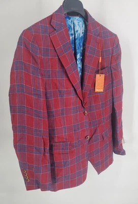 Tallia Blazer Mens 38R Brick Blue Plaid 100% Linen Sport Coat Jacket Modern - Image 1 of 4