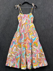 Dangerfield Womens Size 8 Midi Dress Marble Swirl Ruffle Tiered Tie Straps - Picture 1 of 11
