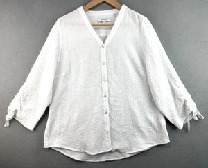 Foxcroft Gauze Top Button Blouse Womens Large White Rouched Tie Sleeve V-Neck - Picture 1 of 9