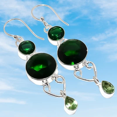 Chrome Diopside, Peridot Gemstone 925 Sterling Silver Earring 2.4" f988 - Image 1 of 4