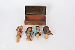Antique (4) Carved Wood Wine Stoppers(3) areString or lever Animated - Picture 1 of 10