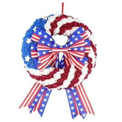 4th of July Wreath, Independence Day Decor Patriotic Rose Stars Blue/Red/White - Image 1 of 4