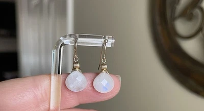 Pendientes Piedra Luna Natural Briolette Cuelga Azul Flash Lleno Oro 14K Foto 1 de 4