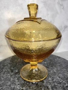 Vintage Hazel Atlas Mid Century gelber Kieselstein Bonboniere mit Fuß und Deckel - Bild 1 von 7