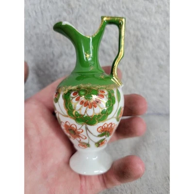 Miniature Pitcher Green White Floral Gold Trim Ceramic Vintage Collectible 4" - Image 1 of 4