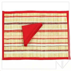 Outdoor Holiday Dining Bamboo Red Brown Stripes Placemats Kitchen Decor Set of 6 - Picture 1 of 6