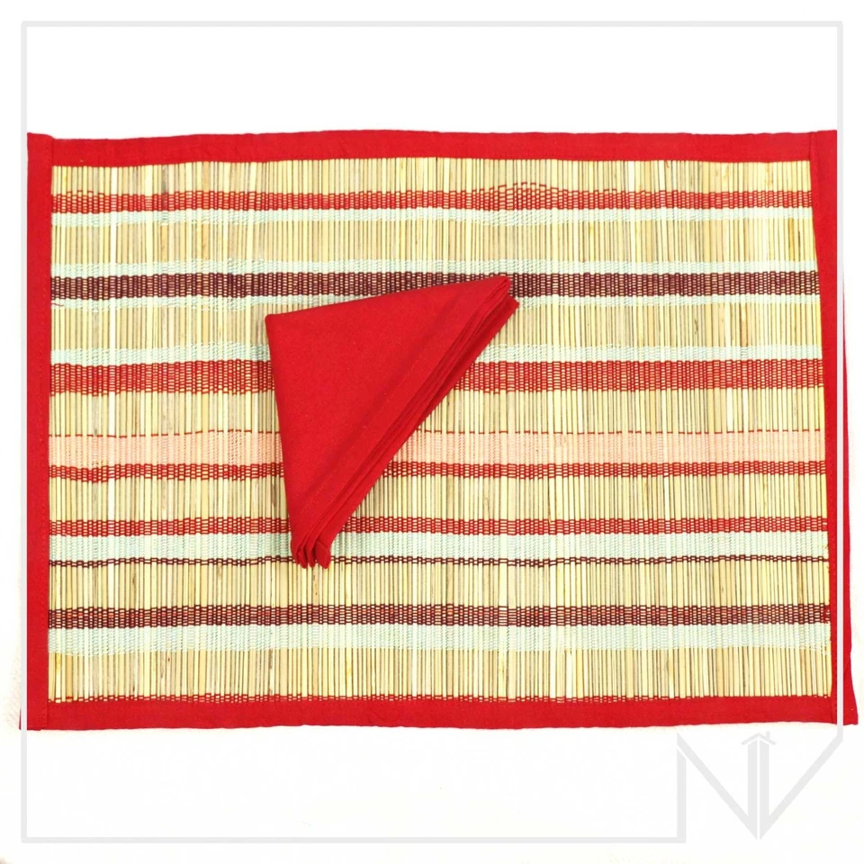 Outdoor Holiday Dining Bamboo Red Brown Stripes Placemats Kitchen Decor Set of 6 - Image 1 of 4