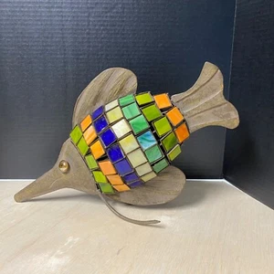 Art Metal Glass Tile Fish Sculpture Beach House 17” Beachy Nautical Decor - Picture 1 of 12