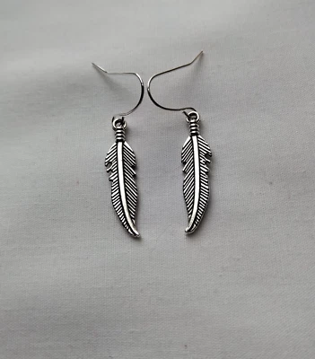 Silver Tone Metal Feather Charm Drop Hook Earrings Handmade Minimalist Boho - Image 1 of 3