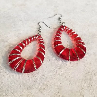 Handcrafted Retro 80s Statement Red Lucite Open Teardrop Wire Wrapped Earrings - Image 1 of 4