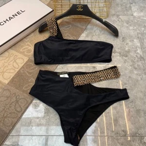 Women's comfortable and elegant black swimsuit two-piece Versace with gold rings - Picture 1 of 7