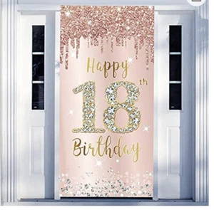 Happy 18th Golden Birthday Girls Door Banner Backdrop Decorations Pink Rose Gold - Picture 1 of 1