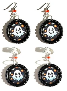 Cute Halloween Ghost Bottle Cap Pierced or Clip on Dangle Earrings (CAP074) - Picture 1 of 3