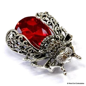 Large Filigree Ruby Red Bee Brooch Vintage Art Deco Style Insect Pin - Picture 1 of 5