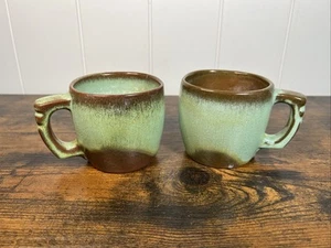 (2) VTG Frankoma Plainsman Prairie Green Brown 5C Coffee Mugs Cups Ridged Handle - Picture 1 of 8