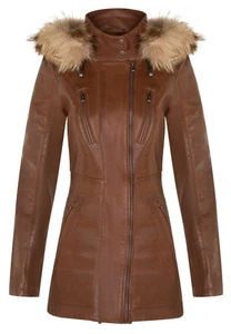 Chaqueta de cuero tostado desmontable con capucha acolchada Parka gabardina para mujer - Imagen 1 de 7