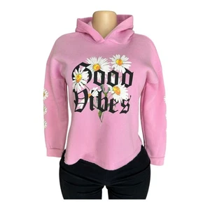 Pink "Good Vibes" Hoodie With Daisy Print On Sleeves & Front XL Stella Tweed G - Picture 1 of 4