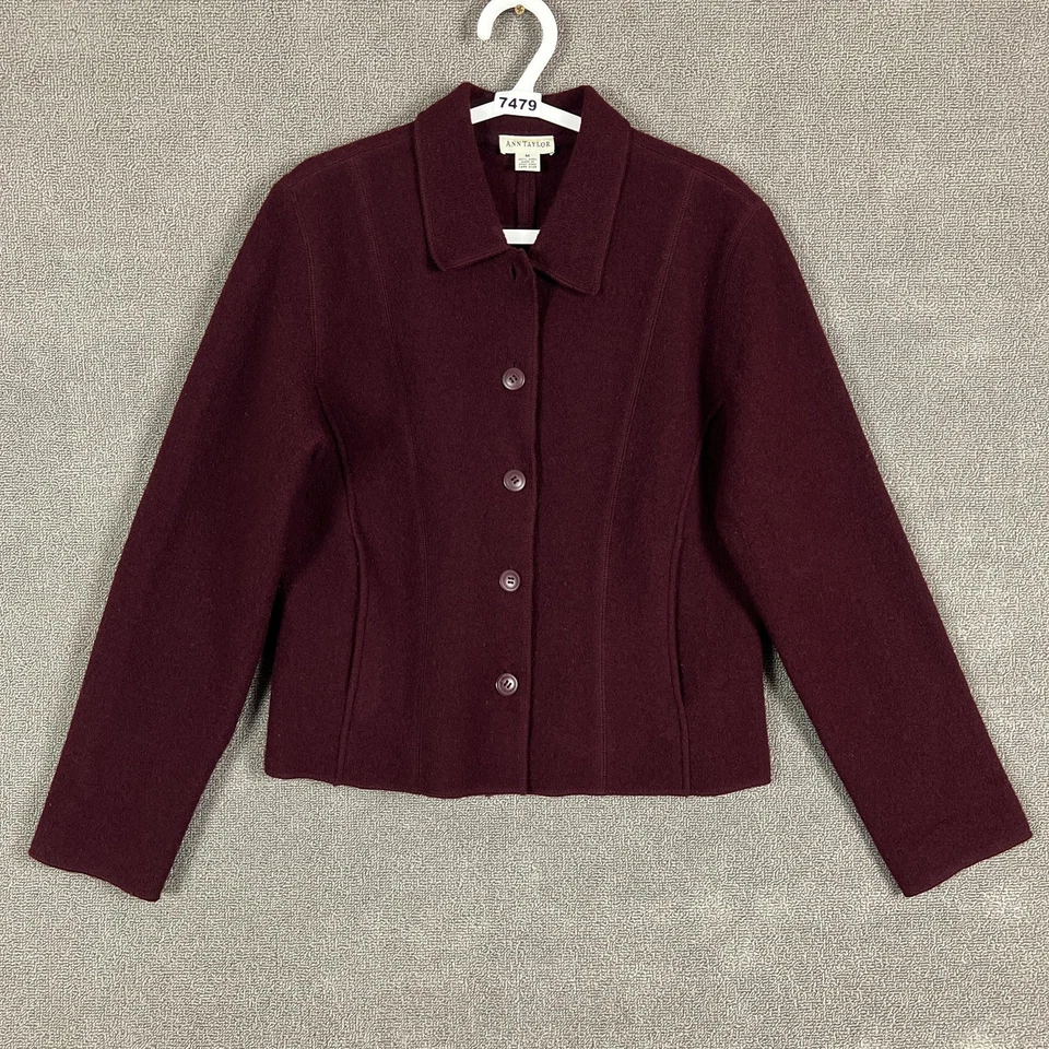 Chaqueta Ann Taylor Mujer Mediana Borgoña 100% Lana Botón Frontal Abrigo Corto Foto 1 de 4