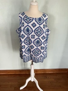 Top Talbots Estampado Floral Medallón Botón Forrado Hombro Delft Azul Blanco Talla 16W - Imagen 1 de 6