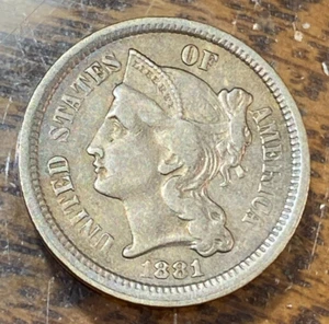 1881 3 Cent Nickel Nice Original XF CHRC - Picture 1 of 2