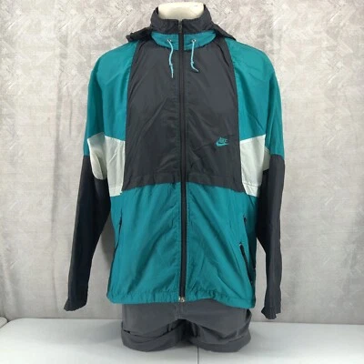 Nike Windbreaker Jacket XL Black Teal White Hooded Zip Mesh Lined VTG 90s - Image 1 of 4