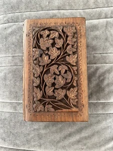 Unique Book Like Solid Wood Jewellery Trinket Box With Secret Lock Hand Carved - Picture 1 of 13
