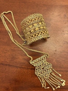 Set Stella & Dot Chantilly Lace Floral Filigree Gold Wide Cuff Bracelet Necklace - Picture 1 of 10