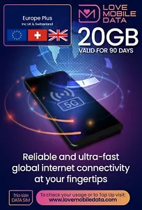 Love Mobile Daten SIM-Karte - 20 GB UK & Europa Plan (einschließlich Schweiz) - Bild 1 von 7