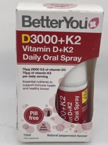 BetterYou D3000 Vitamin D + K2 Daily Oral Spray 12mL Peppermint Exp 9/2025 - Picture 1 of 2