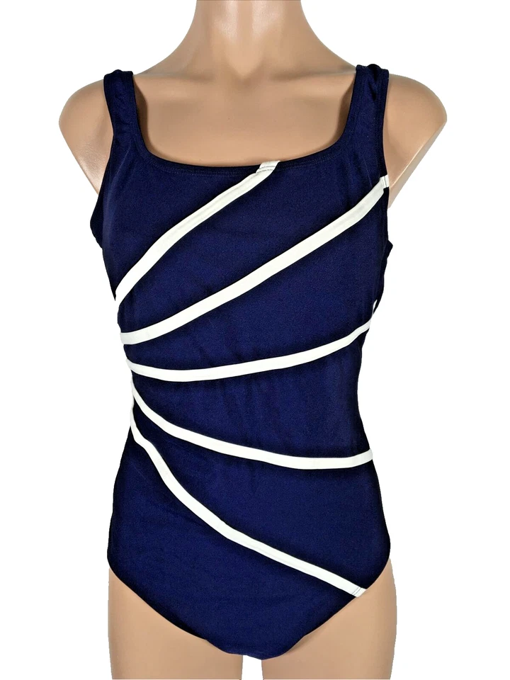 Vintage 90s One Piece Bathing SwimSuit Longitude Black White Striped Size 12 - Image 1 of 4