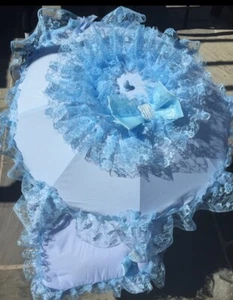 Very Frilly Blue Pesci Baby Parasol Pram Pushchair Universal Sunshade - Romany - Picture 1 of 6