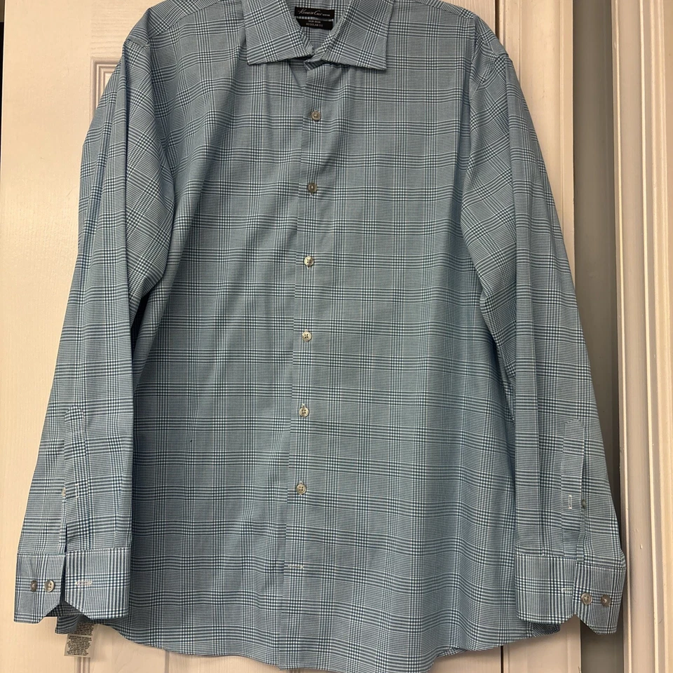 Camisa abotonada a cuadros verde azulado Kenneth Cole para hombre 17,5. 34/35. Camisa de vestir sin planchar Foto 1 de 4