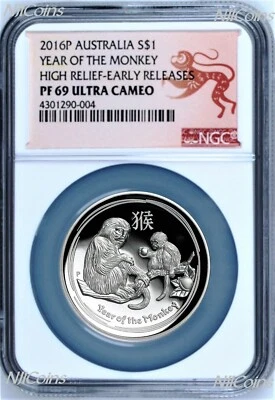 2016 Australia Lunar Year Of Monkey High Relief Proof 1oz Silver Coin NGC PF69 - Image 1 of 4