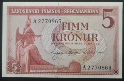 Islandia 5 coronas, L. 1957 UNC Ingolfur Arnarson una selección vikinga noruega 37A NUEVO Foto 1 de 2