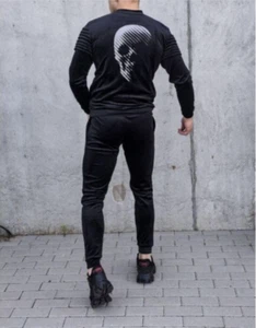 Black velour tracksuit with skull for men, matching loungewear trousers and jump - Picture 1 of 5
