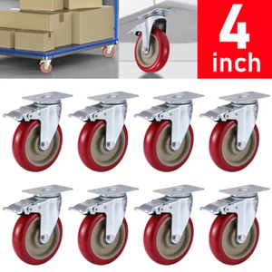 8 Pack Heavy Duty 4'' Caster Wheels Swivel Plate Polyurethane Wheels w/Brake US - Picture 1 of 15
