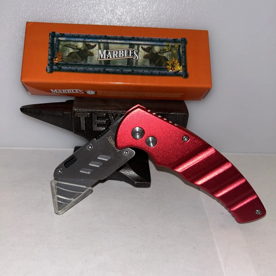 Marbles Folding Knife 1.25" Stainlees Steel Razor Blade Red Aluminum Handle