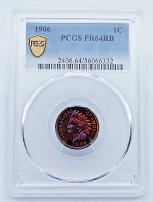 PROOF 1906 centavo de cabeça de índio PCGS PR64RB etiqueta escudo dourado tonificação intensa - U2465 - Imagem 1 de 4
