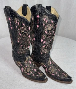 Corral Vintage Cowboy Boots A1953 Distressed Black Pink Inlays Women's Sz 8.5 M - Picture 1 of 11