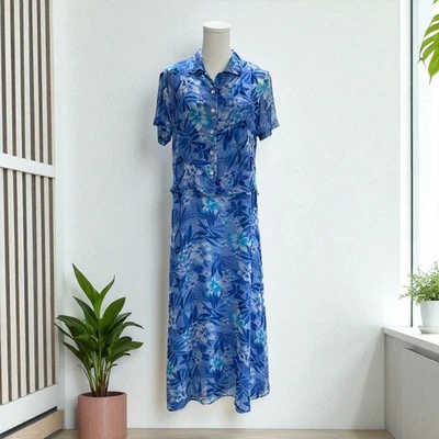 Maxi Vestido Robbie Bee Azul Floral Seda Conjunto Resort Tropical Verano Boda Talla 10 Foto 1 de 4