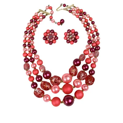 Japan Necklace Clip On Earring Set Multi Tone Pink Bead Gold Tone Collar Choker - Image 1 of 4