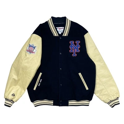 Jaqueta varsity vintage anos 90 00 MLB NEW YORK METS MAJESTOSA LÃ COURO TAMANHO XXL 2XL - Imagem 1 de 4